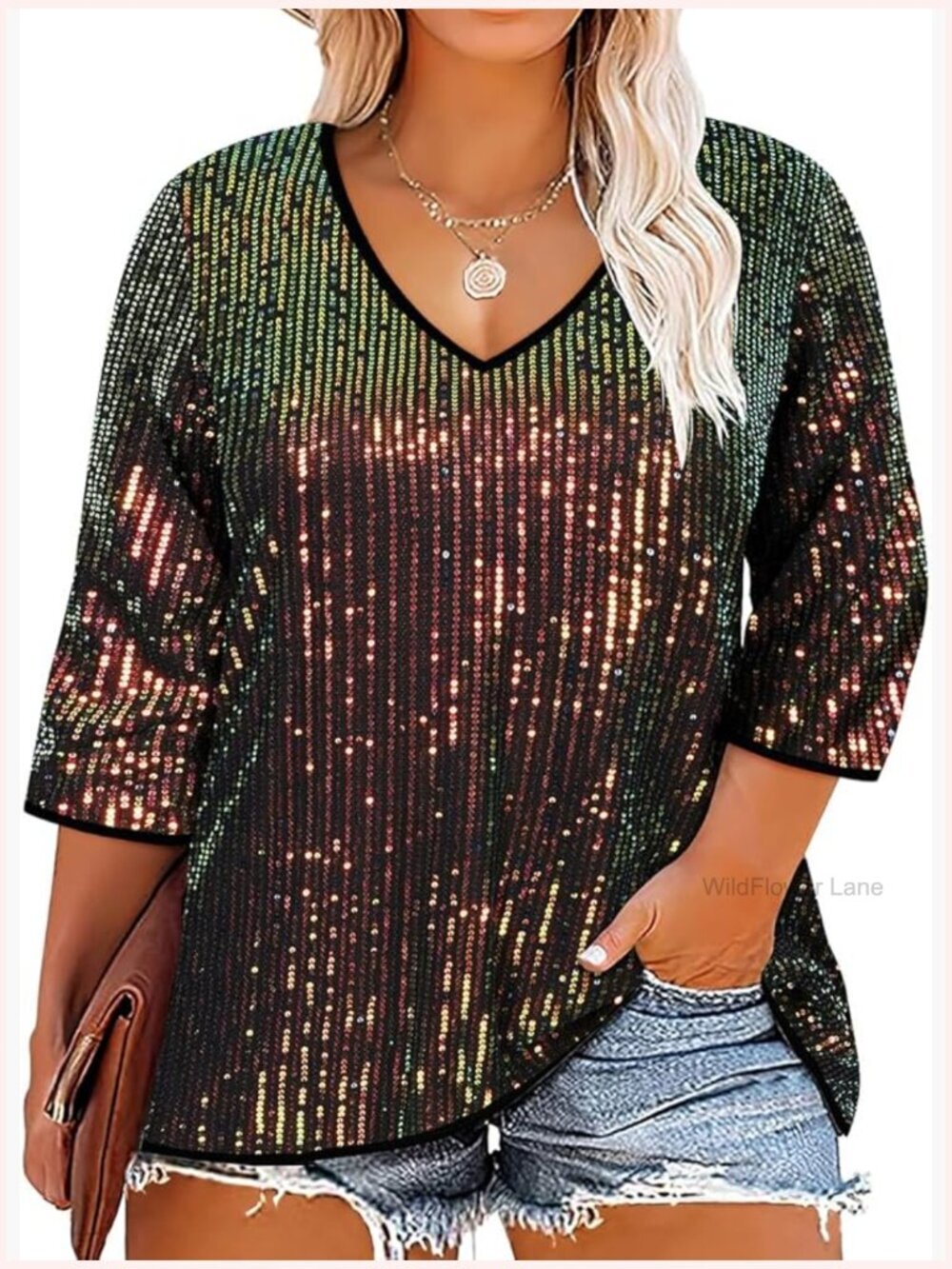 Plus Size Sequin Top 3/4 Sleeve V-Neck Party Tunic Loose Fit Sparkly